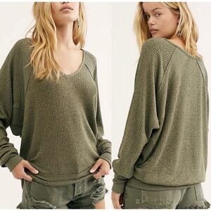 FREE PEOPLE Santa Clara Waffle Long Sleeve Olive Green Large L